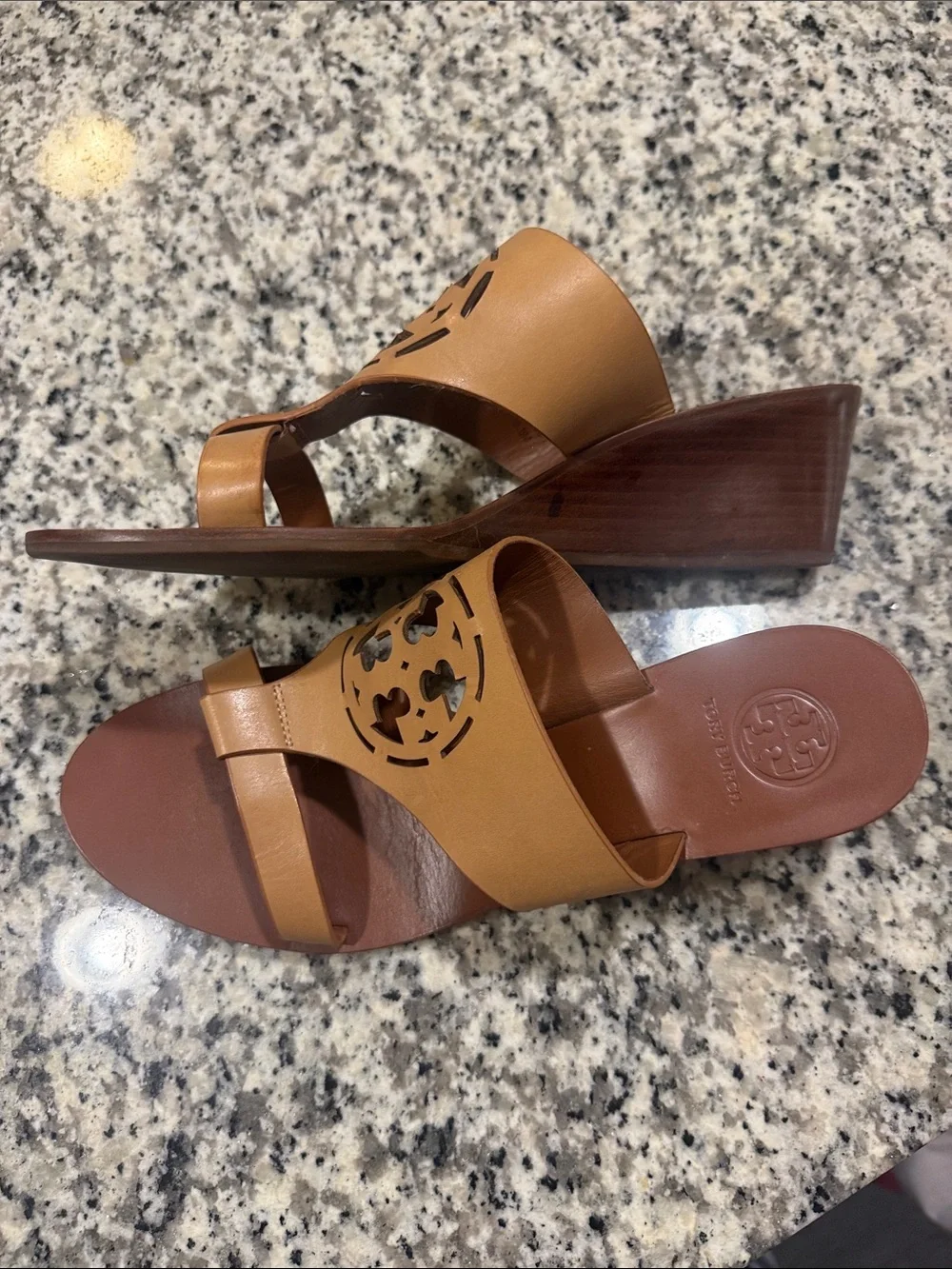 Tory Burch Cognac Tan Leather Cutout Logo Slide Sandals